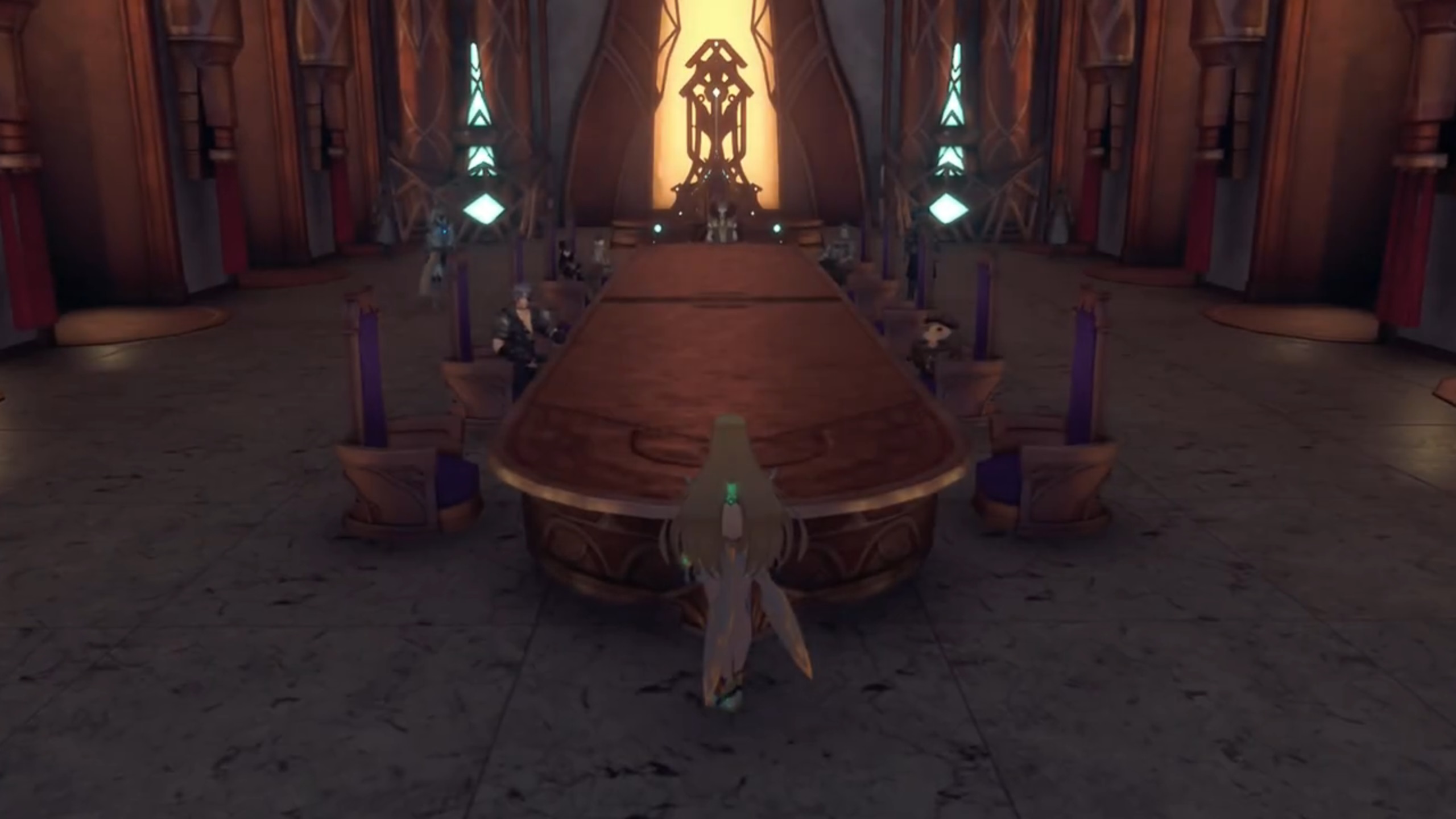 Meeting room. Amalthus at one end, Mythra stood at another. On the left, from the upper left, Emperor Niall, Mòrag, and Zeke; on the Right, Queen Raqura, one of her sidekick, and Niranira